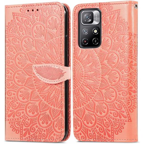 Étui Pour Xiaomi Redmi Note 11 5g 6.6 Inch Pu Cuir Couverture Magnétique Housse Conception En Fleur De Rêve Stent Fonction Flip Cuir Orange
