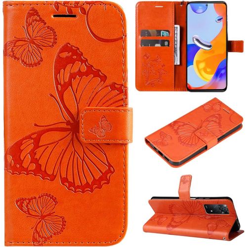 Étui Pour Xiaomi Redmi Note 11 Pro 4g/5g 6 67 Pouces Pu Cuir Couverture Magnétique Housse Conception En Relief De Papillon Stent Fonction Flip Cuir Orange