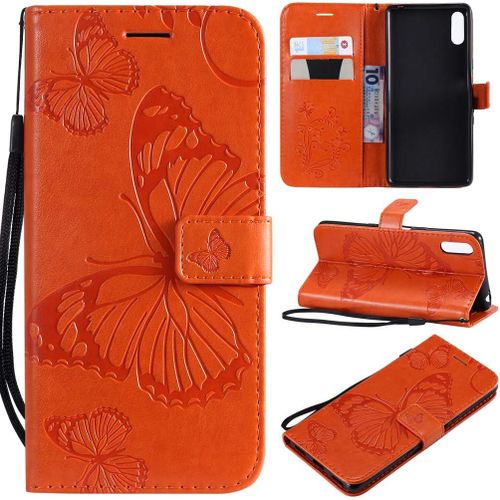 Étui Pour Sony Xperia L3 5 7 Pouces Pu Cuir Couverture Magnétique Housse Conception En Relief De Papillon Stent Fonction Flip Cuir Pour Sony L3 Orange