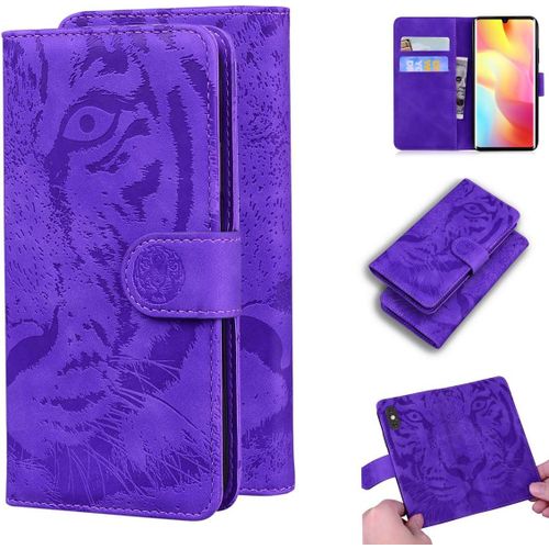 Étui Pour Xiaomi Mi Note 10 Lite 6,47 Pouces Pu Magnétique Pochette Cuir Housse Tigre Impression Rabattable Case Stent Fonction Purple