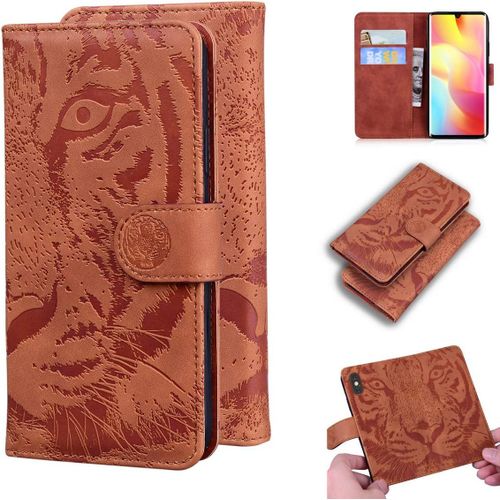 Étui Pour Xiaomi Mi Note 10 Lite 6,47 Pouces Pu Magnétique Pochette Cuir Housse Tigre Impression Rabattable Case Stent Fonction Marron