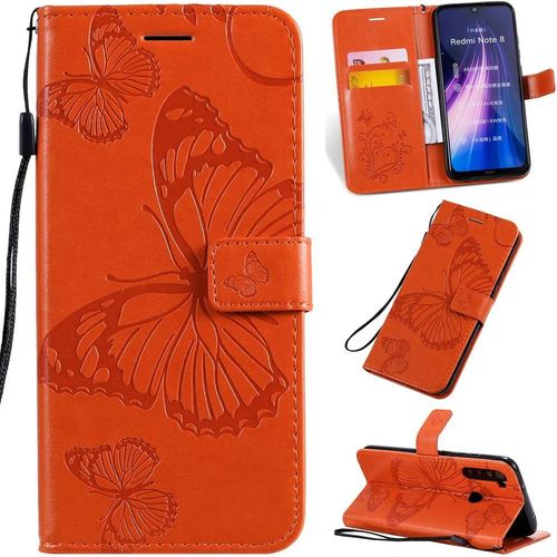 Étui Pour Xiaomi Redmi Note 8 6 3 Pouces Pu Cuir Couverture Magnétique Housse Conception En Relief De Papillon Stent Fonction Flip Cuir Orange