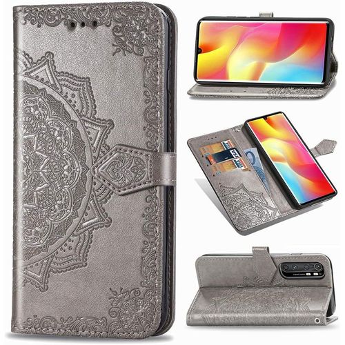 Étui Pour Xiaomi Mi Note 10 Lite 6 47 Pouces Pu Magnétique Pochette Cuir Housse Charmant Mandala Gaufrage Design Stent Fonction Rabattable Gris