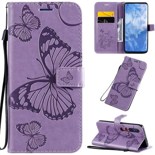 Étui Pour Xiaomi Mi Note 10/Note 10 Pro 6 47 Pouces Pu Cuir Couverture Magnétique Housse Conception En Relief De Papillon Stent Fonction Flip Cuir Violet
