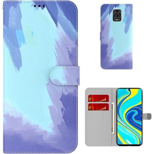 Étui Pour Xiaomi Redmi Note 9s/ 9 Pro/ 9 Pro Max 6,67 Pouces Pu Magnétique Pochette Cuir Housse Aquarelle Impression Rabattable Case Stent Fonction Cover Bleu