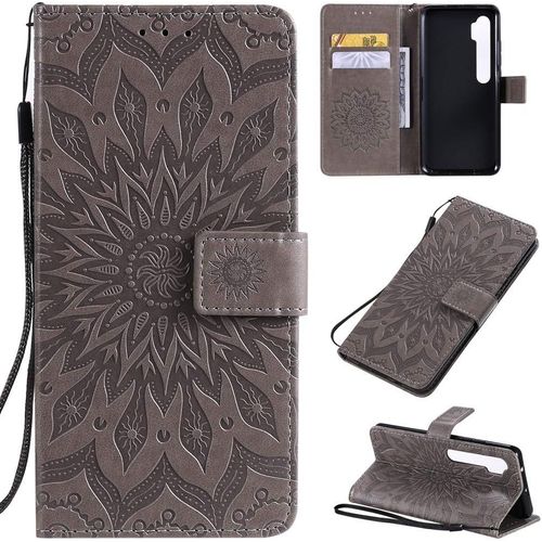 Étui Pour Xiaomi Mi Note 10/Note 10 Pro 6 47 Pouces Pu Magnétique Pochette Cuir Housse Tournesol Gaufrage Design Stent Fonction Rabattable Gris