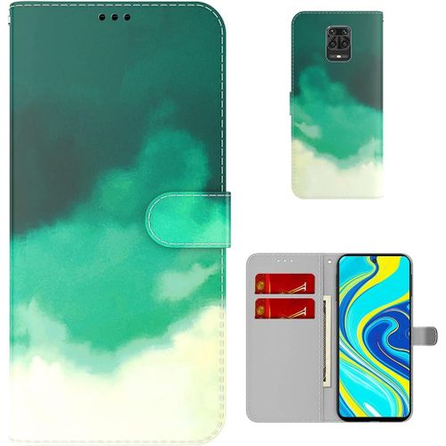 Étui Pour Xiaomi Redmi Note 9s/ 9 Pro/ 9 Pro Max 6,67 Pouces Pu Magnétique Pochette Cuir Housse Aquarelle Impression Rabattable Case Stent Fonction Cover Vert