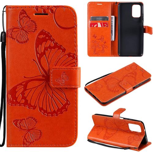 Étui Pour Xiaomi Redmi Note 10 4g 6 43 Pouces Pu Cuir Couverture Magnétique Housse Conception En Relief De Papillon Stent Fonction Flip Cuir Orange