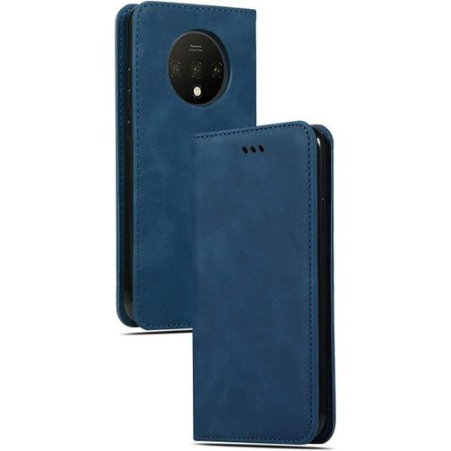 Étui En Cuir Véritable Compatible Avec Oneplus 7t Fente Pour Carte Support Rotatif Magnétique Style Rétro Bleu