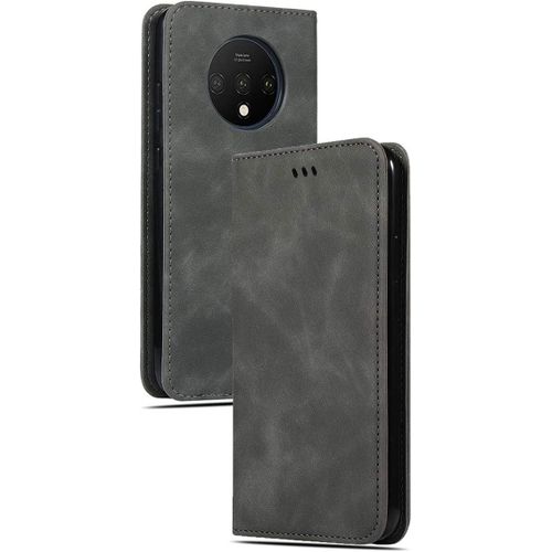 Étui En Cuir Véritable Compatible Avec Oneplus 7t Fente Pour Carte Support Rotatif Magnétique Style Rétro Gris