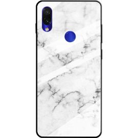 Coque Pour Xiaomi Redmi 7a Avec Film De Protection Écran ,Coque Avec Revêtement Arrière En Verre Trempé Avec Motif Marbre + Tpu Souple Anti Choc Case Cover Blanc
