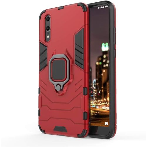 Coque Huawei P20 2 En 1 Armour Style Robuste Hybrides Double Couche Armure Defender Tpu+Pc Hard Coques Case Cover Avec Support Magnétique Car Mount Pour Huawei P20 Red