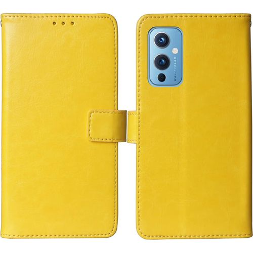 Flip Premium Retro Business Book Stand Cuir Housse Coque Etui Cas Couverture Protecteur Téléphone Case Portefeuille Tpu Silicone Cover Pour Oneplus 9 6.55"" Jaune