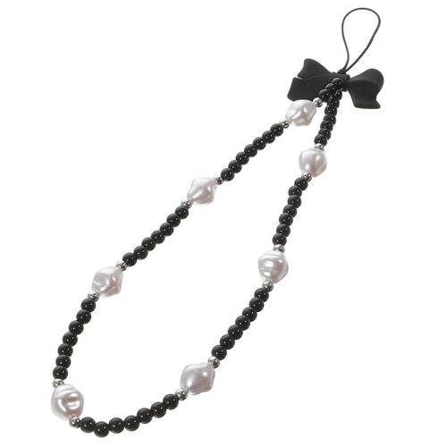 Dragonne noire élégante pour téléphones, appareils photo et porte-clés ¿ Accessoire sûr et polyvalent avec motif n?ud papillon