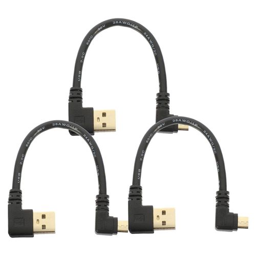 Câble micro USB coudé à 90 degrés (lot de 3), alliage de zinc plaqué or, caoutchouc, durable et sûr.