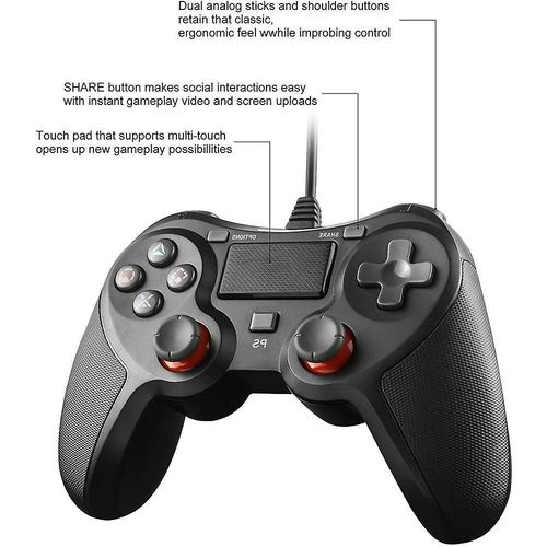 Manette Filaire Ps4 Avec Double Vibration, Câble De 2 M, Design Ergonomique, Compatible Ps4 Et Pc