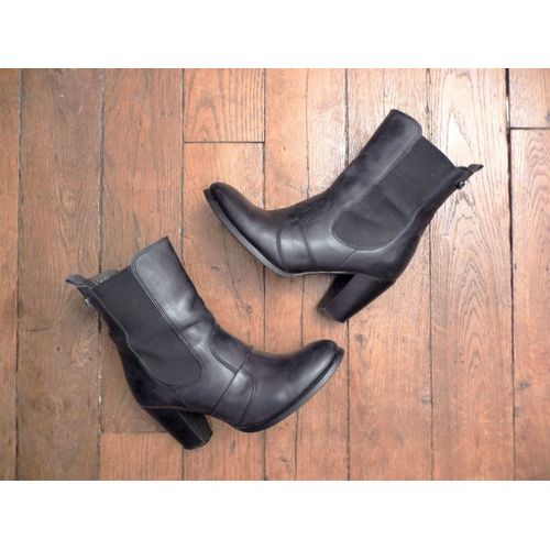 Bottines/ Boots À Talon En Cuir Noir- Pointure 36 Italien=37- Golden Rose