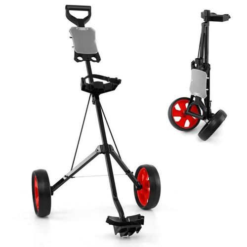Chariot De Golf Pliable Costway-2 Roue En Eva-Emplacements Pour 4 Tees 4 Balls-Tableau De Score-Cadre Fer-Sangle Réglable-Rouge