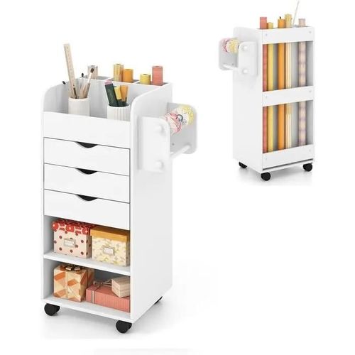 Costway Desserte De Cuisine À Roulettes Verrouillables Avec 3 Tiroirs, 2 Barres Pour Serviettes / Papier Blanc 48 X 33 X 86 Cm