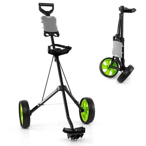 Chariot De Golf Pliable Costway-2 Roues En Eva-Emplacements Pour 4 Tees 4 Balls-Tableau De Score-Cadre Fer-Sangle Réglable-Vert