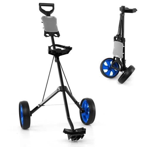 Chariot De Golf Pliable Costway-2 Roues En Eva-Emplacements Pour 4 Tees 4 Balls-Tableau De Score-Cadre Fer-Sangle Réglable-Bleu