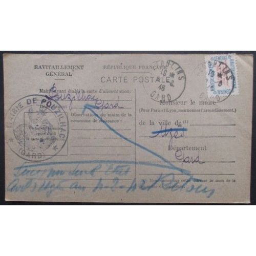France Service N°15a Sur Carte De Ravitaillement De Pouzilhac (Gard) Pour Uzès (Gard)