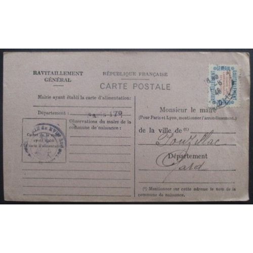 France Service N°15a Sur Carte De Ravitaillement De Paris 17è Pour Pouzilhac (Gard)