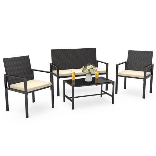 Salon De Jardin Extérieur 4 Pieces, Surface Tressée En Pe, Pour Terrasse, Jardin, Balcon, Noir Et Taupe, Noir