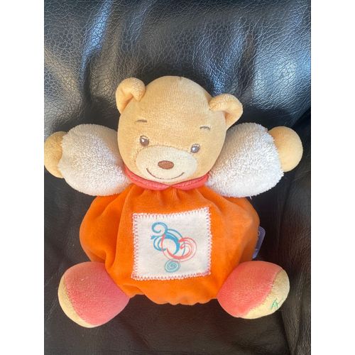 Doudou peluche ours boule orange kaloo dessin bleu et rouge 17cm