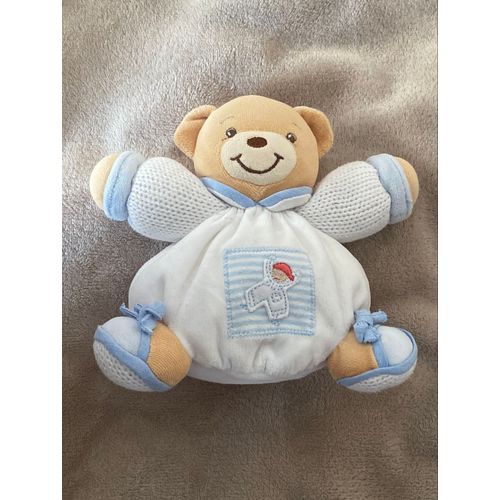 Doudou Kaloo Ours Blanc Bleu Manche Tricot Poche Rayée Marin Env 20 Cm