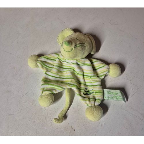 Doudou Plat Souris Verte Rayé Grelot Tiamo Collection