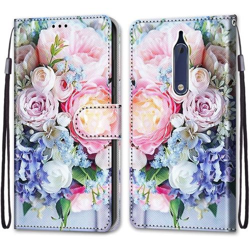 Coque Pour Nokia 5, Etui En Cuir Pu Portefeuille Housse Coque Avec 360 Degrés Silicone Antichoc Protection Cover Cuir Pochette Magnétique Und Flip Béquille Fleur 3