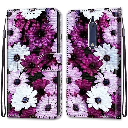 Coque Pour Nokia 5, Etui En Cuir Pu Portefeuille Housse Coque Avec 360 Degrés Silicone Antichoc Protection Cover Cuir Pochette Magnétique Und Flip Béquille Fleur 2