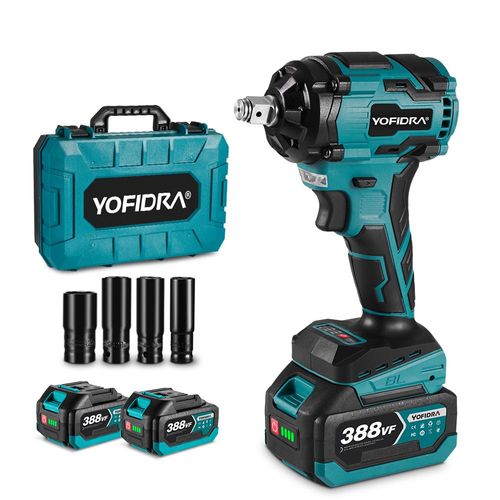 Clé a Choc sans Fil Brushless 1000Nm, 1/2" Boulonneuse à Choc Electrique avec 4 Douilles, Changer les Pneus de La Voiture et Desserrer les écrous de Roue, avec Deux Batteries