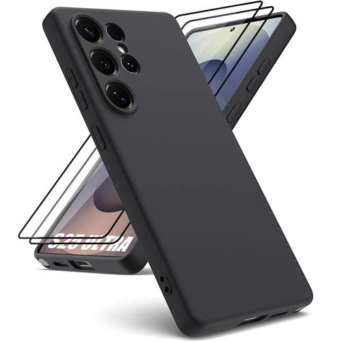 Coque + 2 Verres Trempés Pour Samsung Galaxy S25 Ultra - Protection Silicone Liquide Antichoc - Noir - E.F.Connection
