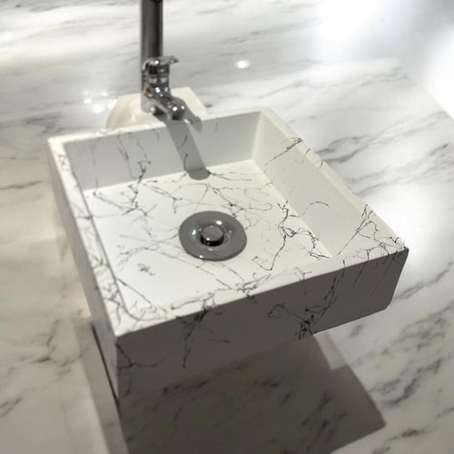Vasque À Poser En Béton Blanc Effet Marbre 32x32x10, Fabriqué Artisanalement En France Par Gakeal