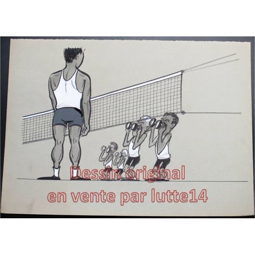 Dessin Presse Original - Humoristique - Volley Ball (Freddy, Dessinateur Belge Années 1970-1980)