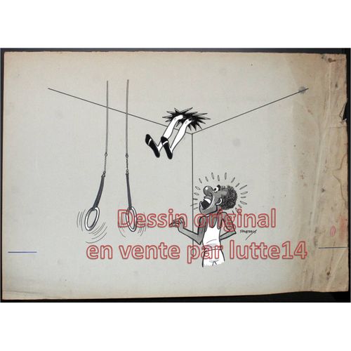 Dessin Humoristique Original De Freddy – 50 X 35 Cm (70) : Sport Gymnastique Anneaux