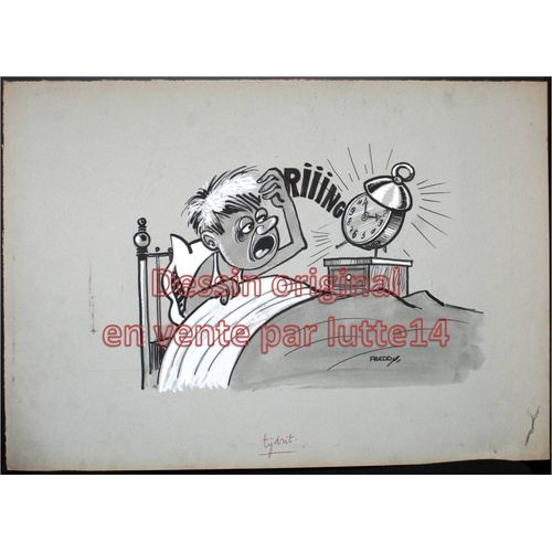 Dessin Humoristique Original De Freddy – 50 X 35 Cm (66) : Réveil Difficile
