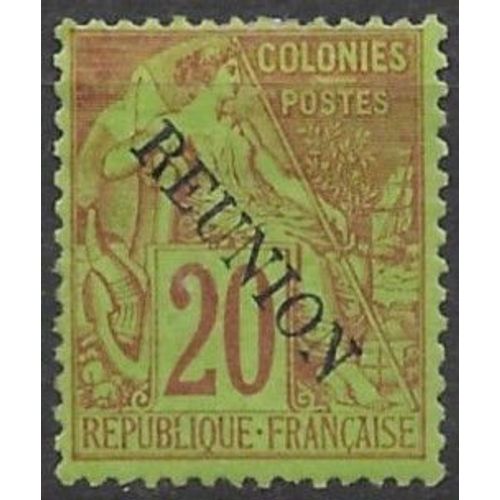 La Réunion, Colonie Française 1891, Beau Timbre Yvert 23, Type Alphée Dubois 20c Orange Sur Vert, Surchargé En Oblique "Réunion", Neuf*.