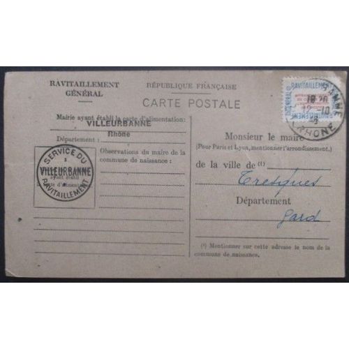 France Service N°15a Sur Carte De Ravitaillement De Villeurbanne (Rhone) Pour Tresques (Gard)