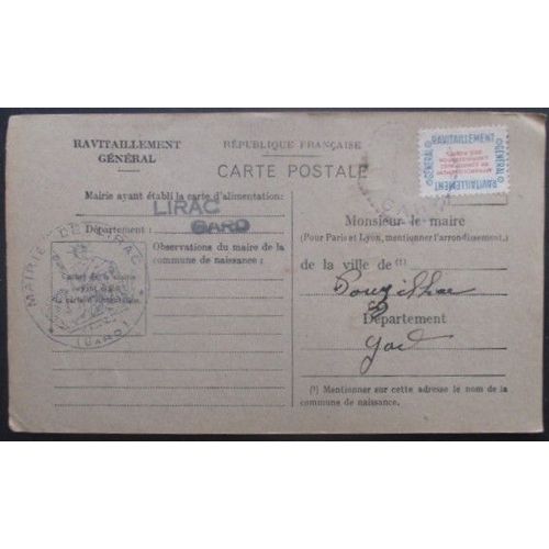 France Service N°15a Sur Carte De Ravitaillement De Lirac (Gard) Pour Pouzilhac (Gard)
