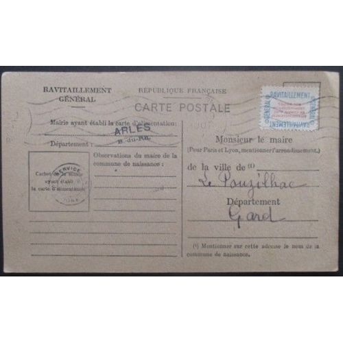 France Service N°15a Sur Carte De Ravitaillement De Arles (13) Pour Pouzilhac (Gard)