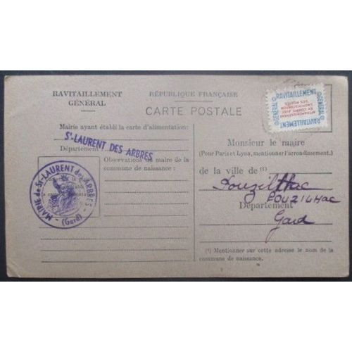 France Service N°15a Sur Carte De Ravitaillement De St Laurent (Gard) Pour Pouzilhac (Gard)