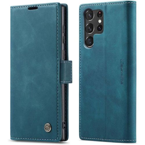 Coque Compatible Avec Samsung Galaxy S23 Ultra,Anti-Choc Housse En Cuir Premium Flip Case Portefeuille Etui,Bleu