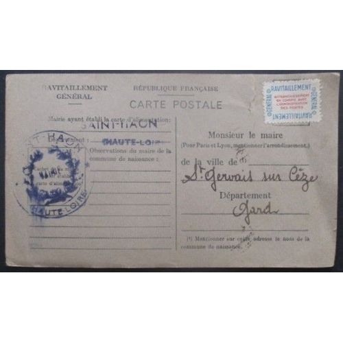 France Service N°15a Sur Carte De Ravitaillement De St Haon (Hte Loire) Pour St Gervais (Gard)