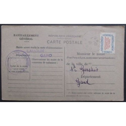 France Service N°15a Sur Carte De Ravitaillement De Laudun (Gard) Pour St Gervais (Gard)