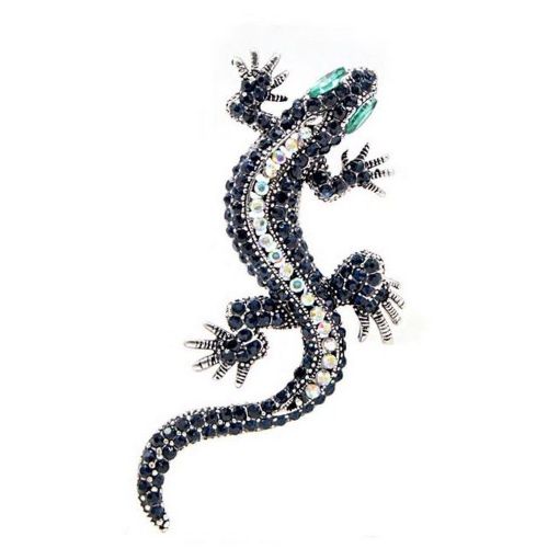 Broche Lézard Strass, Couleur Bleu Foncé, Corps, ¿Il Vert, Gecko, Mode Bijoux Style Animal Vintage, Épingle Cadeau