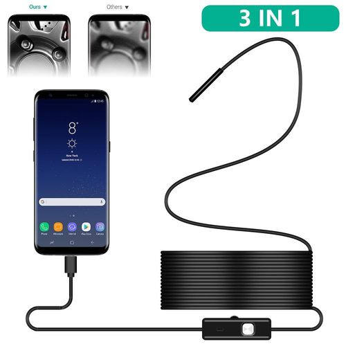 Caméra endoscopique USB 5,5 mm, étanche IP67, 720p, avec adaptateur 3 en 1 pour Windows, Mac et Android