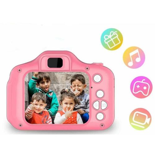 Appareil photo numérique HD rose pour enfants, écran 2 pouces, carte mémoire 32 Go.